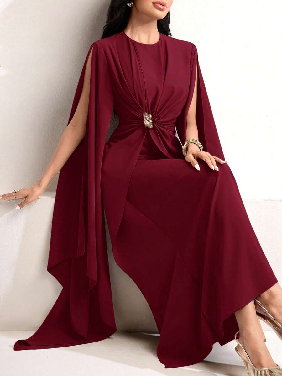 Veilorie Twist, Pleated Decor Button Waist Elegant Summer Dress - Burgundy - View 1