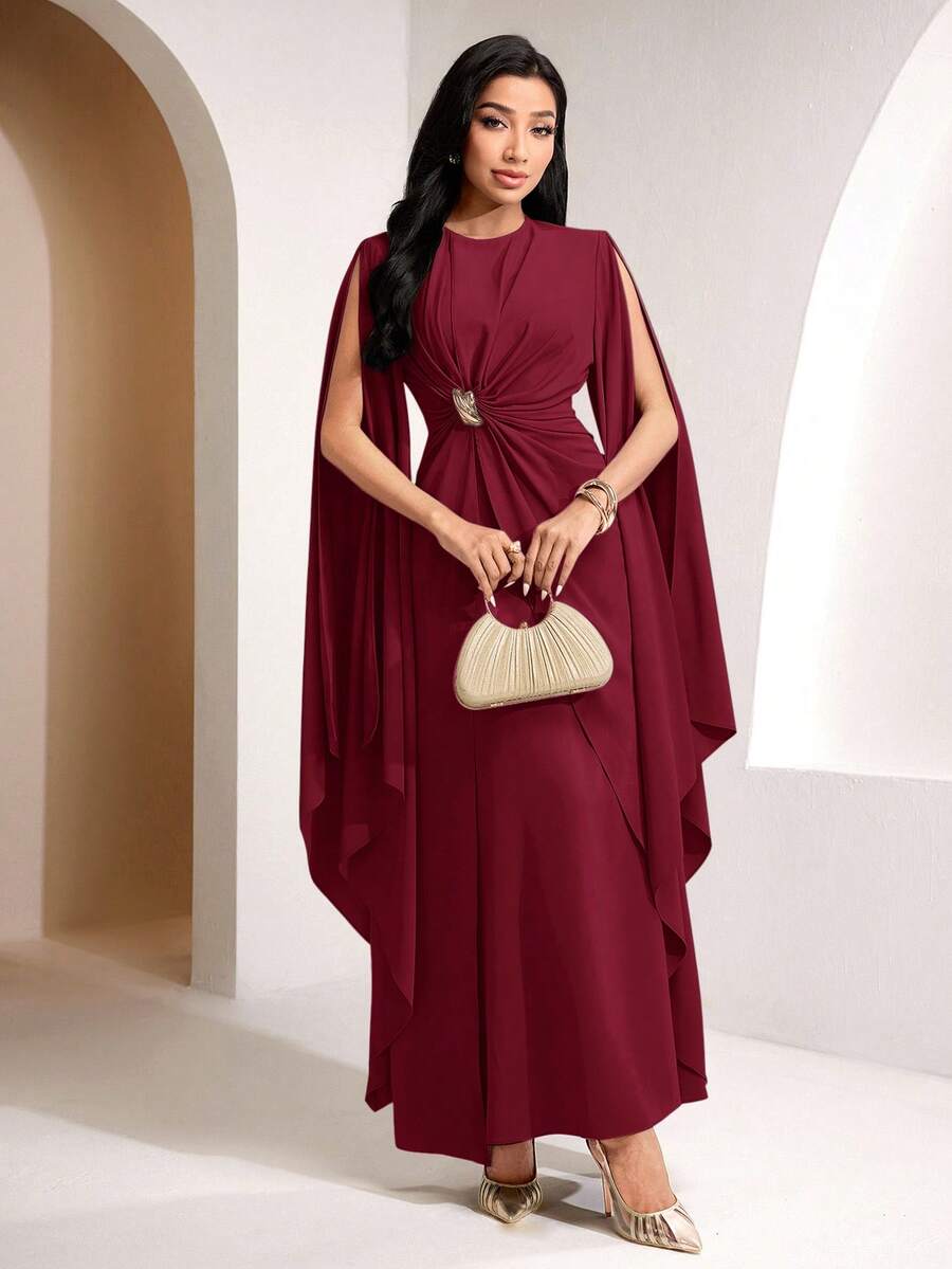 Veilorie Twist, Pleated Decor Button Waist Elegant Mature Fall Dress Dinner Party Holiday Night Cocktail Burgundy Red New Year