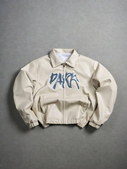 PAVTROS Men's Turndown Collar Zipper Letter Graphic Pocket Casual Versatile Daily Wear Long Sleeve Jacket