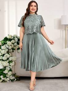 SHEIN Clasi Đầm thanh lịch cổ tròn tay ngắn xếp ly họa tiết hoa jacquard dành cho nữ cỡ lớn - Màu xanh Bạc hà - Xem 10