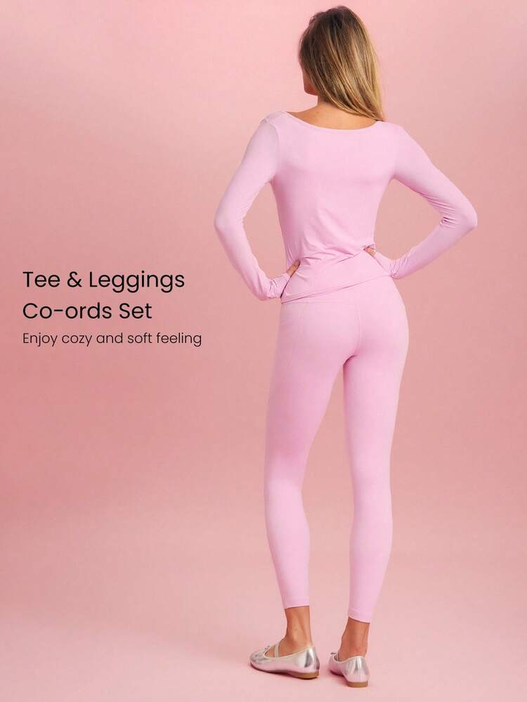 2 Pieces FeatherFit™ PulseFit Soft Stretchy Sweat-Wicking Slim-Fit Long Sleeve Top And Legging Set Low Impact Yoga Pilates Studio Daily Active Wear