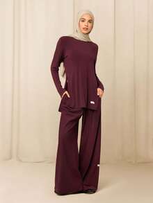GLOWMODE X Reem Modest Tencel™ Modal All-Day Ease Silky-Soft Smooth Stretchy Lightweight Side-Split Hem Mid-Length T-Shirt Daily Casual Wear - Purple - View 6