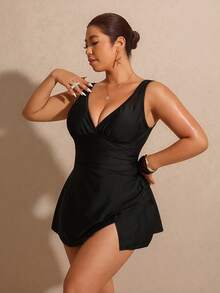 Elaquor Plus Size Women Solid Color Side Slit Hem Swimwear Skirt With Swim Shorts Spring/Summer Casual Vacation Swimwear Sets For Women - Black - View 5