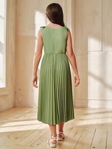 Anewsta Sweet Cute Round Neck Bow Pleated Hem Girls Dress, Spring/Summer - Green - View 2