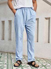 Mercer Haus Men's Breathable Thin Linen Loose Casual Sports Pants, Suitable For Beach, Spring/Summer , Suitable For Summer Tropical Holiday Vacation In Hawaii. - Baby Blue - View 4