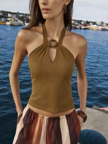 Nöista 橄榄绿罗纹露背上衣，领口为钥匙孔形，背面有环、系带和蝴蝶结，可调节松紧。 - 棕色 - 查看 1