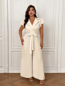 Femmeverse Plus Size Women's Elegant Elegant Office Commute Solid Color Flutter Sleeve Self-Tie Waist Wide Leg Jumpsuit, Suitable For Spring, Summer And Autumn - Apricot - View 6