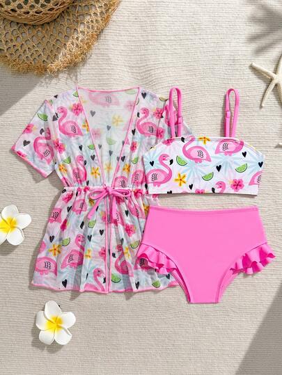 Baby Girls' Swimwear Set: Cute Pink Flamingo Lemon Flower Pattern, Knitted Fabric, Tank Top, Pants, And Jacket. Three-Piece Set, Stylish And Chic, Perfect For Swimming, Summer Vacations, Beach Outings, Pool Parties, And Leisure Trips Baby Swimsuit Girl 3 Piece Set Baby Girl Two Piece Swimming Clothes Toddler 2 Pc Swimsuit Swimwear For 2 Years Old Girl Flamingo Print Swimwear
