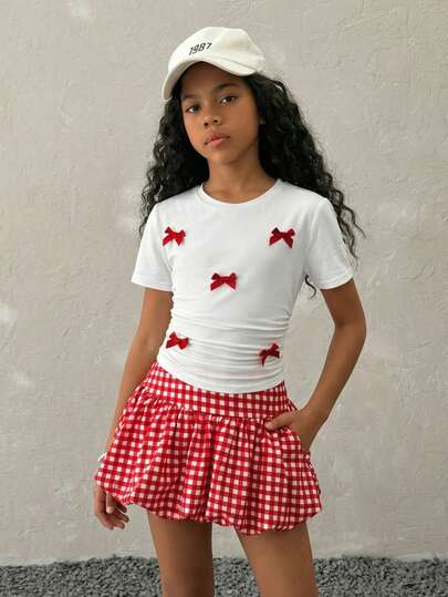 Niña preadolescente Primavera Casual Cuello redondo Manga corta Parte superior con lazo, Falda de burbujas a cuadros básica de punto elástico y cómoda