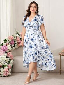 Reflora Plus Size Floral Print Side Tie Flare Sleeve White Summer Elegant Bachelorette Party Tea Party Dress,Wedding Guest Dress For Women,Luxury Evening - Blue and White - View 5