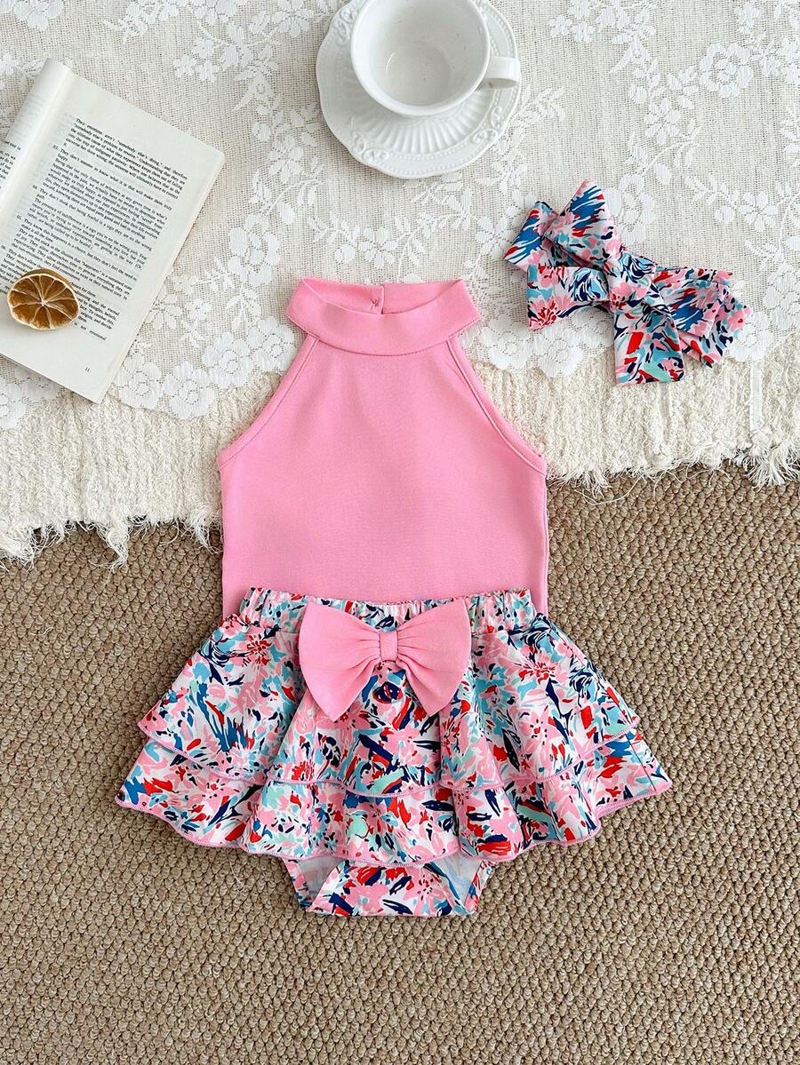 SHEIN Baby Girl Solid Color & Graphic Print Bow Decor Skirt Set - Pink - View 1