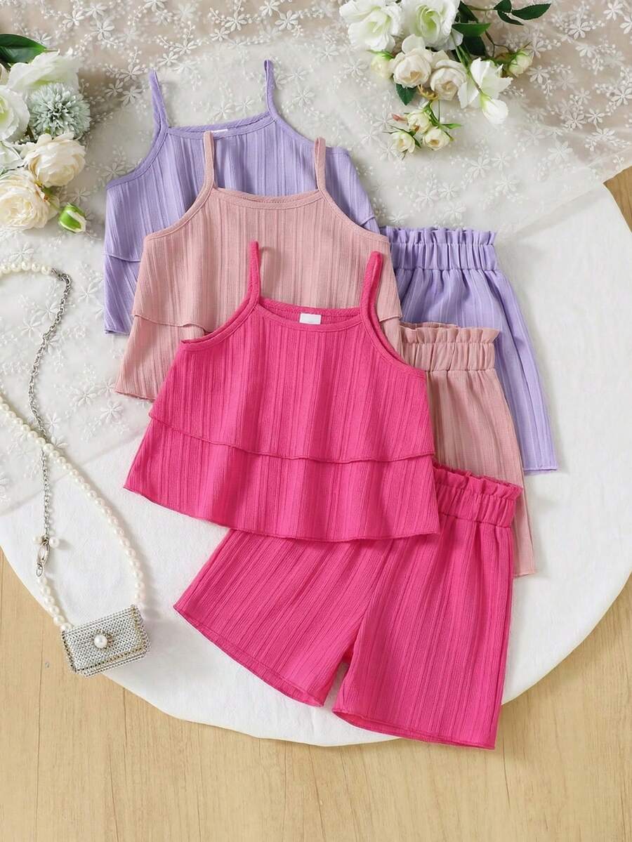 SHEIN Genkimix Kids 3件装女童休闲条纹纹理编织双层荷叶边吊带背心和松紧腰荷叶边短裤，颜色：米色、绿色、紫色，适合4-7岁儿童户外运动和休闲穿着