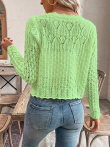 Rafferiza 女士圆领镂空前开襟纽扣针织开衫外套，秋冬款 - 綠色 - 查看 2