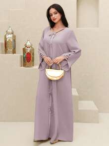 Yasmyna Đầm dài truyền thống Ả Rập dáng rộng, tay chuông, trang trí nơ dành cho nữ. - Bụi tím - Xem 5