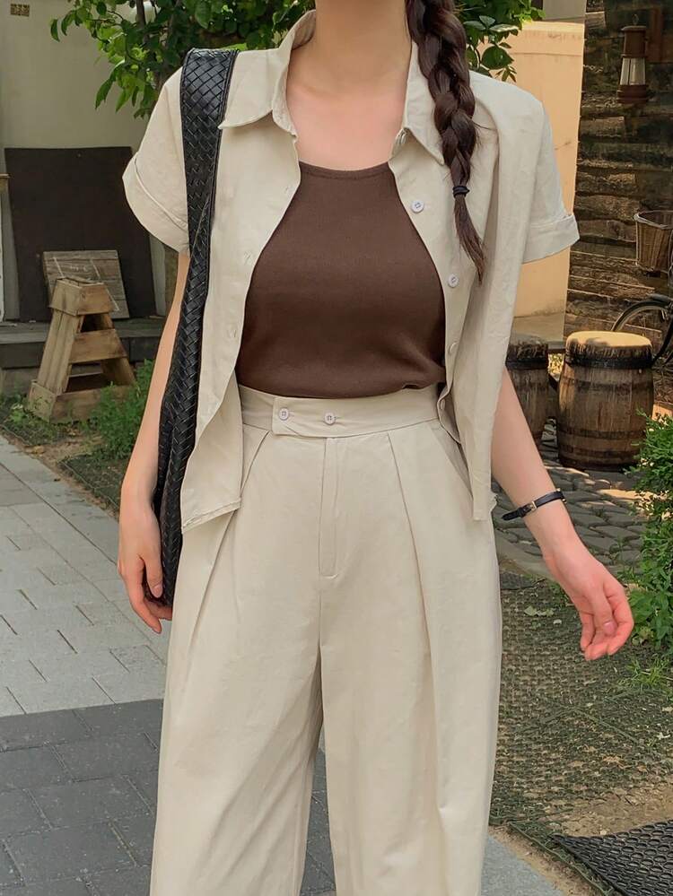 Women's Short Collared Top And High Waist Wide Leg Pants Set, Straight Loose Casual Long Trousers, Summer