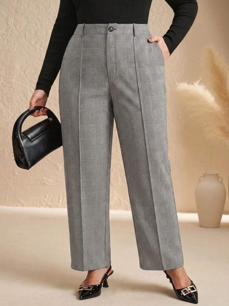 Chikora Plus Size Casual Commuter Plaid High-Waist Suit Pants - Black and White - View 1