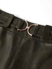 Ellevyn Metal Decor Buckle A-Line Solid Color Elegant Fitted PU Skirt - Army Green - View 3