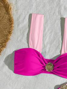Swim Vcay 女士两件套纯色拼接贝壳装饰高腰三角比基尼套装，简约日常泳装 - 彩色 - 查看 5