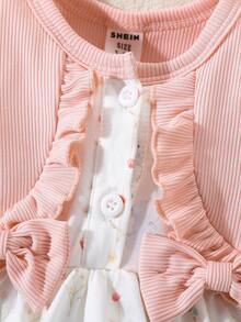 SHEIN 新生女宝宝红色蕾丝长袖碎花爱心印花连衣裙及配套发带两件套，优雅甜美可爱，适合秋季日常户外休闲活动。 - 粉色 - 查看 4