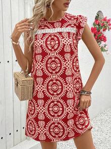 Vivid Eden 女士圆领短袖花卉蕾丝拼接A字休闲度假连衣裙 - 紅色 - 查看 5