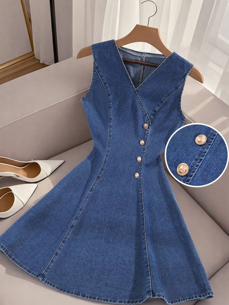 GlowEve Đầm denim nữ cổ chữ V không tay, cài cúc kim loại, thắt eo, thích hợp cho kỳ nghỉ hoặc đi làm. - Màu xanh lam - Xem 1