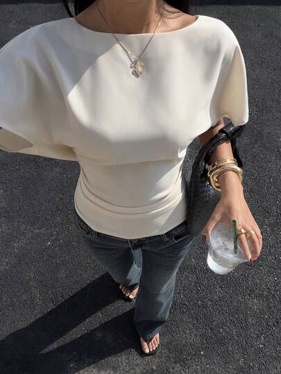 Siren Gaze Blusa elegante con espalda drapeada de unicolor, camisa de cuello holgado para mujer