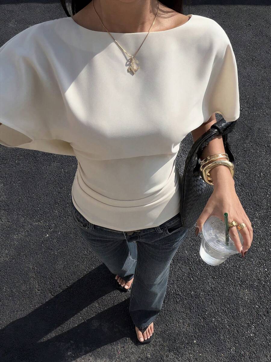 Siren Gaze 女士夏季新款纯色优雅垂褶露背衬衫，宽松领衬衫 - 杏色 - 查看 1