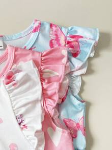 Playful Pals 3件套女童夏季碎花、爱心、蝴蝶印花荷叶边袖连衣裙套装，适合外出、休闲穿着、派对场合 - 彩色 - 查看 4