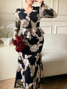 DAZY 女士优雅花卉V领喇叭袖套头衫和鱼尾裙两件套，春夏款 - 黑色 - 查看 3