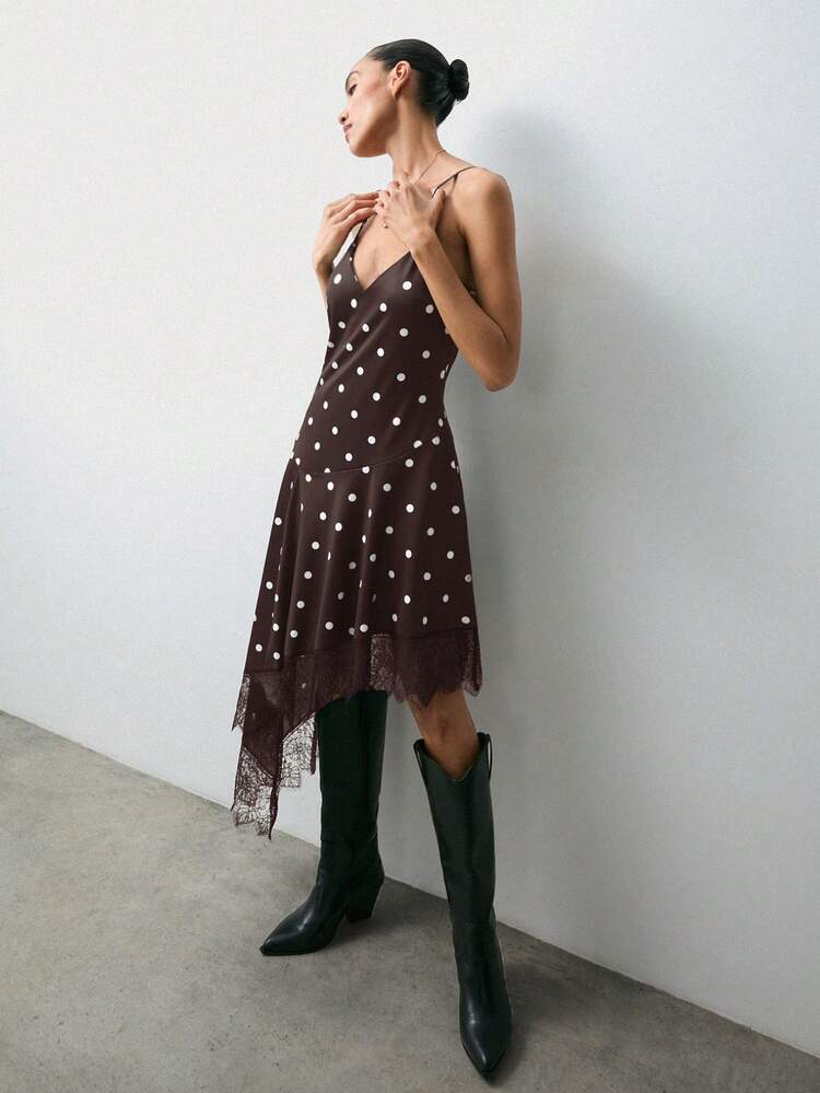SHEIN Maija Early Spring Spaghetti Strap Polka Dot Lace Patchwork Women's Slip Dress, Party  St Patrick's Day Women Easter Summer Outfits Easter Dress Women Party Top Beach Dress Summer Holiday Outfits Each Vacation Outfits For Women  Summer Outfit For Women Going Out Outfits Graduation Graduation Outfit  Casual Dresses  Casual Blouses For Women