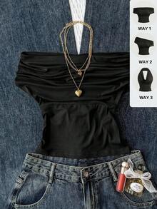 Teen Girl Black Summer Tube Top Strapless Off-Shoulder Fitted Cargo Holiday Top,Versatile Y2k Solid Color High Neck Elegant Top For Beach Vacation - Black - View 10