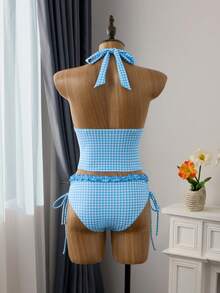 Swim Vcay Women's Tankini 2-Piece Swimwear Set, Plaid Print With Ruffle Trim, Halter Neck Tie Top And Drawstring Bottoms, Summer Beach Swimwear - Blue - View 2