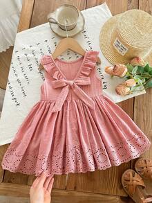 Babygirl Cute Vacation Casual Lotus Pink Ruffle Embroidered Pattern Dress - Pink - View 1