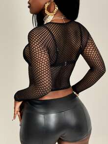 BamGleam 女士性感镂空渔网露脐紧身短款上衣 - 黑色 - 查看 2