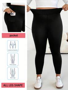SHEIN Essnce Quần legging nữ cỡ lớn thời trang xuân/hè, co giãn tốt, thoải mái, cơ bản, đa năng, tôn dáng, cạp cao, màu đen có túi, quần nữ, thời trang đường phố, quần ôm dáng, mùa xuân. - màu đen - Xem 10