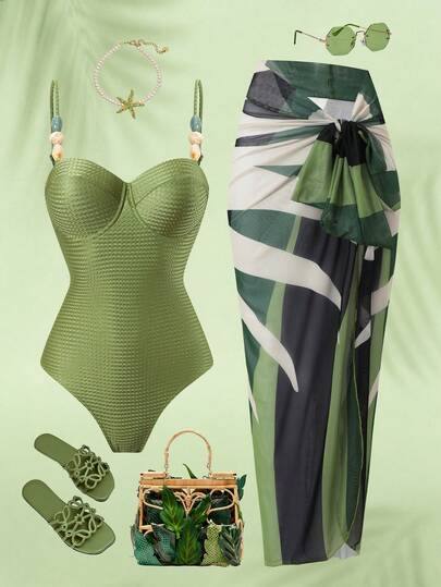 Swim Oasis Spring/Summer 2-Piece Set: Knit Jacquard Underwire Supportive Camisole Swimsuit & Long Digital Print Mesh Skirt Elegant Vacation Outfit