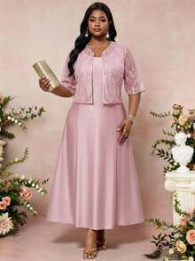 SHEIN Lady Plus Size Women Elegant Sleeveless Dress & Jacket 2 Pieces Set,Dusty Pink Summer Sparkly Formal Dress For Women,Wedding Ninang Luxury 2 Pieces Sets - Pink - View 5