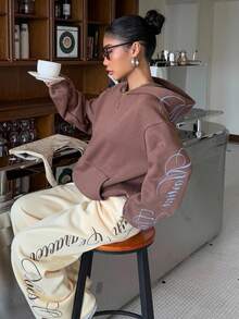 Muchica 女士休闲棕色刺绣卫衣，秋冬季，外出，街头服饰 - 棕色 - 查看 6