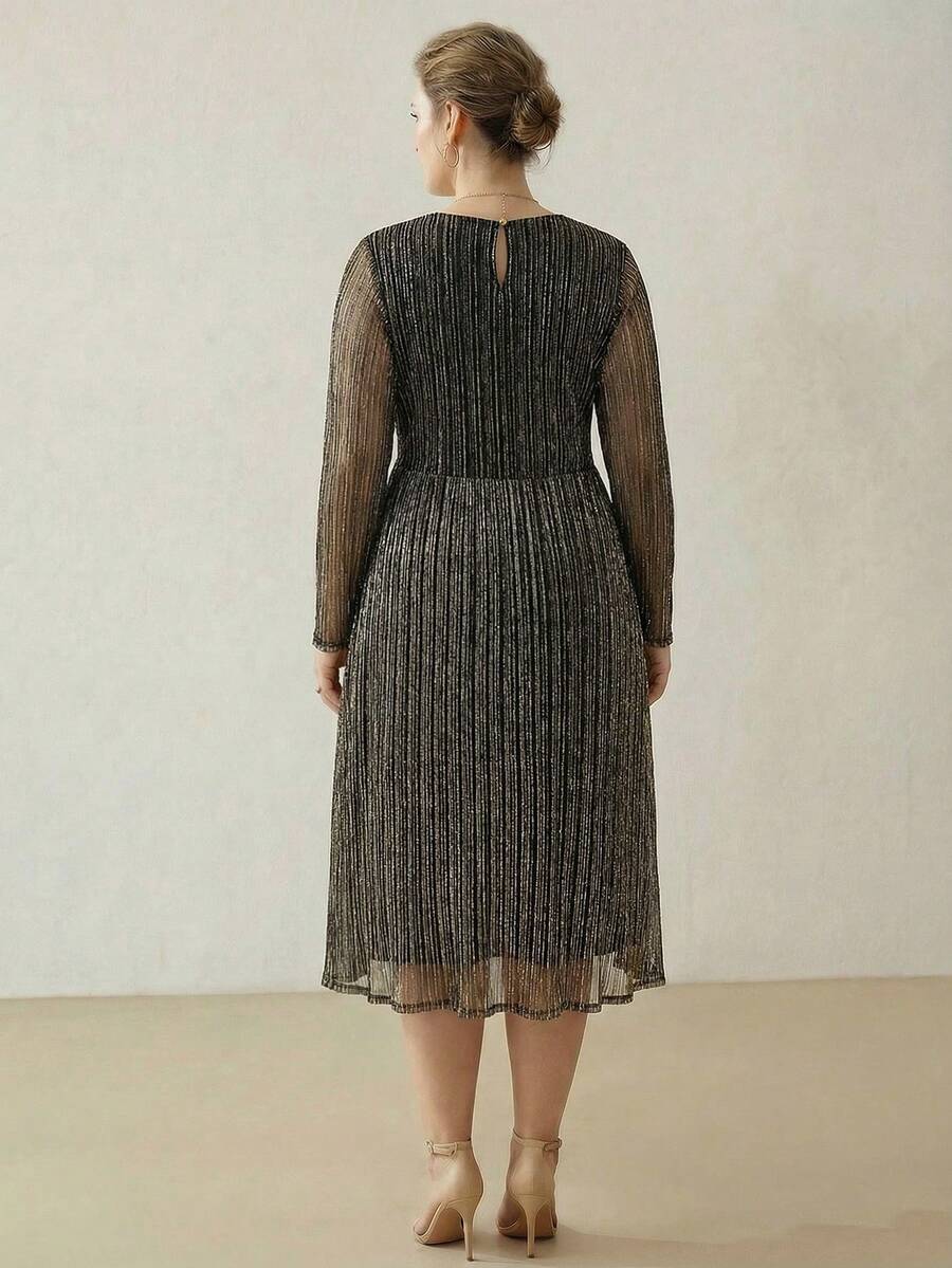 MOTF PREMIUM PLUS SIZE AUTUMN/WINTER PARTY/DATE PLEATED METALLIC MESH ROUND NECK LONG SLEEVE DRESS - Black - View 2