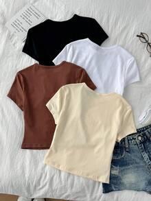 Tseoso 4 件套女式圆领短袖修身 T 恤，适合夏季外出，黑色、白色、棕色、奶油黄色，95% 纯棉，复古，可爱的夏季上衣，柔软女孩，夏季外出用品，家居，返校，秋季女装，多功能，俱乐部，派对短款上衣女式基本款短款上衣 4 件套短款上衣紧身短款上衣女式基本款 T 恤 - 彩色 - 查看 2