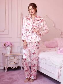 蝴蝶结爱心图案长袖睡衣套装 - 长袖纽扣领上衣和长裤，柔软缎面睡衣，可机洗，可外穿 - 粉色 - 查看 4