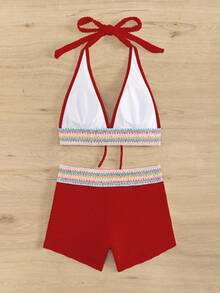 SHEIN Swim 2件套新款春夏红色露背系带短款上衣和短裤，度假休闲沙滩派对比基尼泳装，女士 - 紅色 - 查看 4