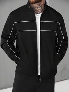 SLATEMANN 男士休闲时尚百搭长袖短款夹克，Techwear Y2k 短款拉链跑道风衣夹克，秋季，垃圾摇滚 - 黑色 - 查看 1