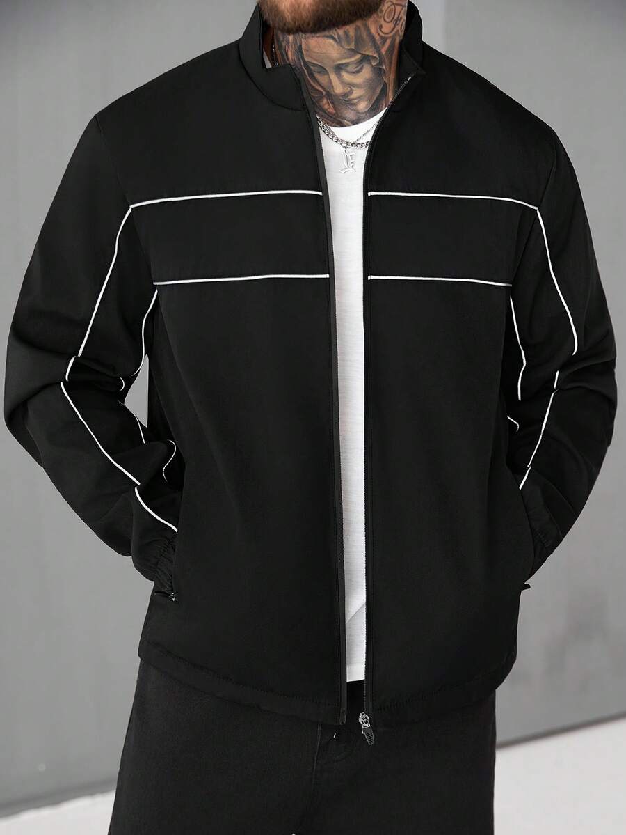 SLATEMANN 男士休闲时尚百搭长袖短款夹克，Techwear Y2k 短款拉链跑道风衣夹克，秋季，垃圾摇滚 - 黑色 - 查看 1