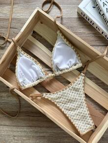 Swim Mod 2件套女童花苞图案特殊面料吊带露脐上衣和可调节侧三角短裤 - 米色 - 查看 2