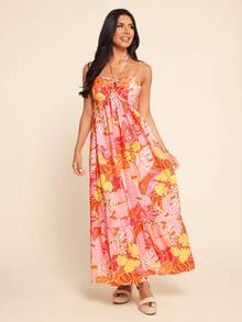 Coeurva Robe imprimée en mousseline pour femmes, idéale pour le printemps/été et les vacances - Orange - Voir 1