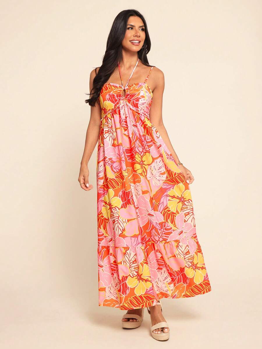 Coeurva Robe imprimée en mousseline pour femmes, idéale pour le printemps/été et les vacances - Orange - Voir 1