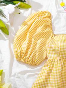 少女休闲格子花瓣袖衬衫，夏季 - 黃色 - 查看 5