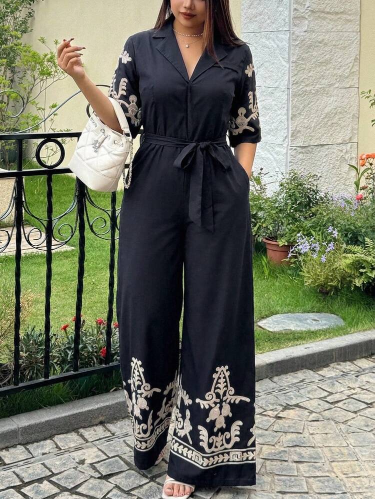 Dazy Plus Plus Size Women V-Neck Patterned Print Lace-Up Long Jumpsuit, Suitable For Commuting, Spring/Summer Romper
