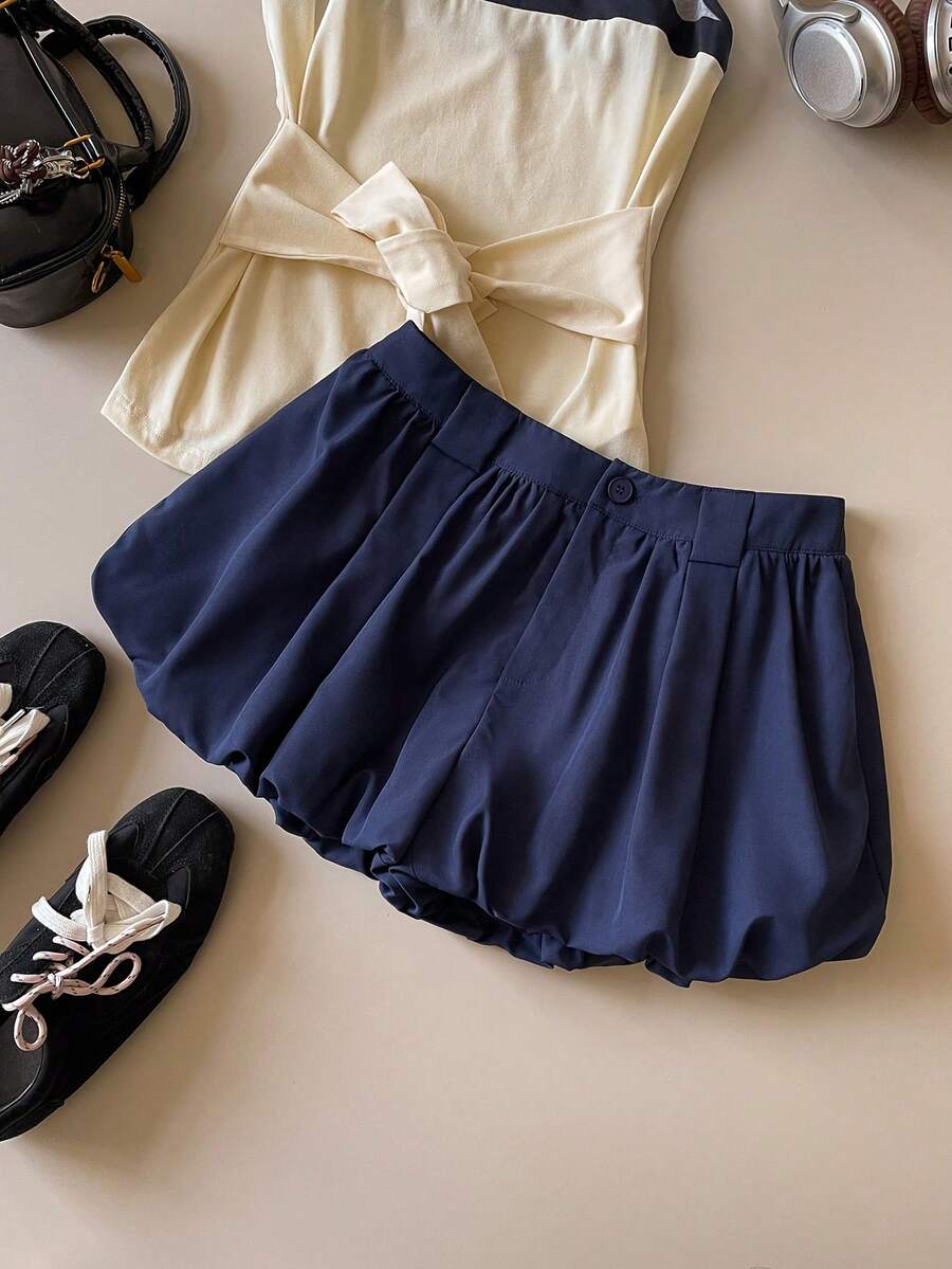 Muvela Navy Blue Adjustable Waist Elastic Waistband Side Pocket Stylish Women Pleated Shorts, Modern Retro College Style, Spring/Summer - Blue - View 1